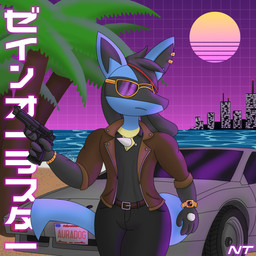 anthro beach black_body black_fur blue_body blue_fur car city clock clothing ear_piercing ear_ring eyewear fur gun hair handgun head_tuft highlights_(coloring) holding_gun holding_object holding_ranged_weapon holding_weapon jacket japan jewelry leather leather_clothing leather_jacket leather_topwear male multicolored_body multicolored_fur outside palm_tree piercing pistol plant pokemorph ranged_weapon ring_piercing sea solo sports_car standing sunglasses synthwave text topwear tree tuft vehicle watch water weapon ninjatreecko nintendo pokemon fan_character zane_aurastar canid generation_4_pokemon lucario mammal pokemon_(species) 1:1 hi_res japanese_text
