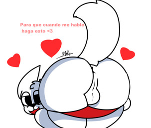 anthro anus backsack balls black_eyes black_nose butt clothing dialogue femboy fur genitals half-closed_eyes heart_symbol looking_at_viewer looking_back looking_back_at_viewer male narrowed_eyes panties presenting presenting_hindquarters pulled_down_panties raised_tail red_clothing red_panties red_underwear simple_background solo tail text thick_thighs underwear uwu white_background white_body white_fur wide_hips youfrasn canid canine canis domestic_dog mammal absurd_res hi_res signature source_request spanish_text