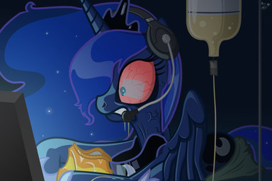 bag bedding blanket blue_background blue_body blue_eyes blue_feathers blue_fur blue_hair bodily_fluids clenched_teeth crown cutie_mark drooling electronics feathered_wings feathers female feral fur hair headgear headphones headset horn horseshoe lying monitor open_mouth red_sclera saliva simple_background solo spread_wings teeth toony vein wings sup524 friendship_is_magic hasbro my_little_pony mythology princess_luna_(mlp) equid equine mammal mythological_creature mythological_equine winged_unicorn 3:2 shaded signature