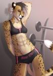 2015 abs amber_eyes anthro athletic athletic_anthro athletic_female athletic_wear black_lips bottomwear bra breasts cheetah clothed clothing digital_media_(artwork) felid feline female gym gym_bottomwear gym_shorts hair hand_behind_head lips mammal midriff niobe_(wyla) pose raised_arm shaded short_hair shorts slim small_breasts smile solo sports_bra spots spread_legs spreading standing thigh_gap underwear wyla