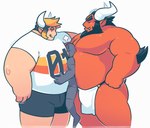 bottomwear bulge clothing cute_fangs fangs group horn loincloth male manwiched musclegut muscular overweight overweight_male red_body sandwiched shirt shorts simple_background teeth topwear white_background greenendorf demon 2015