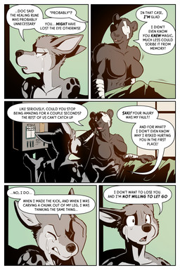 anthro bandage bed bedding blanket bodily_fluids breasts crying dialogue duo eyes_closed female furniture hospital_bed iv_line smile tattoo tears teeth tongue window rick_griffin ideka sakitori canid canine canis felid mammal pantherine wolf 2024 comic hi_res