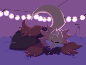 accessory ambiguous_gender anthro bed bedroom_eyes black_body black_fur bodily_fluids clothed clothing dark_body drooling fur furniture half-closed_eyes inner_ear_fluff looking_at_viewer lying multicolored_body multicolored_fur narrowed_eyes on_bed red_body red_eyes red_fur ring saliva saliva_drop seductive solo tongue tongue_out tuft white_body white_fur yellow_body yellow_fur gamesfan nintendo pokemon canid canine delphox generation_6_pokemon mammal pokemon_(species) 4:3 digital_media_(artwork) signature