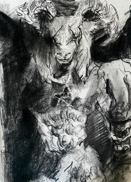 anthro horn looking_at_viewer male scar solo wings jam_marmelade bandai_namco digimon bovid caprine demon digimon_(species) goat mammal mephismon hi_res traditional_media_(artwork)