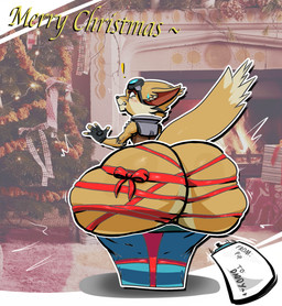 anthro back_towards_viewer big_butt blush bodily_fluids boots bursting_butt butt clothing constrained daddy_kink exclamation_point eyewear eyewear_on_head fingerless_gloves footwear gift_tag gloves goggles goggles_on_head handwear holidays huge_butt hyper hyper_butt jumpsuit looking_at_viewer looking_back looking_back_at_viewer male shocked shoes shortstack shortstack_male solo sweat sweatdrop wobbling_butt wrapped_up monana-yo1 christmas hi-rez_studios paladins_(game) pip_(paladins) vulpin 2025 hi_res