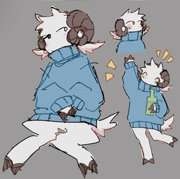 ambiguous_gender blush bottle bottomless clothed clothing container drunk fur hooves horn no_genitals solo substance_intoxication sweater topwear turtleneck white_body white_fur itttyyybitttyyy fan_character bovid caprine mammal sketch