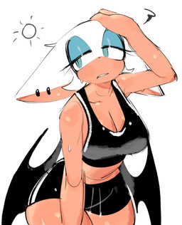alternate_breast_size alternate_costume anthro anthrofied back_wings bare_shoulders big_ears biped black_nose bodily_fluids bottomwear bra breasts cleavage clothed clothed_anthro clothed_female clothing ear_piercing ear_ring eyelashes eyeshadow female female_anthro fully_clothed fully_clothed_anthro fully_clothed_female fur glistening_eyelids iris lidded_eyes makeup midriff narrowed_eyes piercing pivoted_ears pupils ring_piercing shorts simple_background slit_pupils small_nose solo sports_bra sun sweat tan_body tan_skin underwear white_background white_body white_fur wings usa37107692 sega sonic_the_hedgehog_(series) rouge_the_bat bat mammal 2023 digital_media_(artwork) hi_res