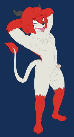 anthro balls biped claws empty_eyes erection fur genitals glans grin hair hands_behind_head horn humanoid_genitalia humanoid_penis male markings multicolored_body multicolored_fur navel nude penis pose posed red_body red_fur red_hair simple_background smile solo tail tongue tongue_out transparent_background kuramichan bitey_(skashi95) canid canid_demon demon grinion mammal 2025 absurd_res alpha_channel hi_res
