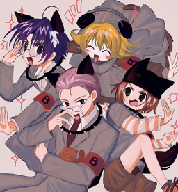 5_fingers age_difference ahoge ambiguous_feral ambiguous_gender armband black_clothing black_ears black_eyes black_hat black_headwear black_tail blonde_hair blue_eyes blue_hair blush blush_stickers bodily_fluids bottomwear brown_bottomwear brown_clothing brown_eyes brown_hair brown_shorts clothed clothing coat collar dress ears_through_headwear emanata eyebrows eyes_closed eyewear fake_ears female female_humanoid feral fingers footwear fully_clothed glasses grey_clothing grey_coat grey_dress grey_shirt grey_topwear group hair hat headgear headwear humanoid_focus looking_at_viewer male male_humanoid necktie open_mouth open_smile orange_clothing orange_footwear orange_shirt orange_shoes orange_topwear pattern_clothing pattern_shirt pattern_topwear purple_hair red_armband red_necktie shirt shoes shorts size_difference smile spiked_collar spikes striped_clothing striped_shirt striped_topwear stripes sweat sweatdrop tail tongue tongue_heart topwear wearing_glasses white_clothing white_shirt white_topwear young young_male pepeppepe101 di_gi_charat coo_erhard ky_schweitzer piyoko rik_heisenberg animal_humanoid bear canid canid_humanoid canine canine_humanoid dog_humanoid humanoid mammal mammal_humanoid panda_humanoid rodent sciurid tree_squirrel ursid_humanoid ursine ursine_humanoid hi_res unavailable_at_source
