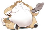 anthro belly big_belly blush box chubby_cheeks claws clothed clothing container dessert double_chin doughnut embarrassed food fur holding_food holding_object male moobs morbidly_obese morbidly_obese_anthro morbidly_obese_male navel obese obese_anthro obese_male overweight overweight_anthro overweight_male pastry sitting smile solo tan_body tan_fur thick_thighs toe_claws topless white_body white_fur pukkunnnn canid canine canis mammal