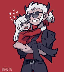 accessory age_difference belt black_horn boots bottomwear carrying_another clothing coat duo eyebrows eyes_closed eyewear female female/female footwear hair hair_accessory hair_bun hair_ribbon hands_around_neck heart_symbol high_heeled_boots high_heels horn long_hair markings mole_(marking) necktie not_furry open_mouth pants red_background ribbons shirt shoes short_hair simple_background smile standing sunglasses teeth topwear white_body white_eyebrows white_hair white_horn white_skin gattame helltaker justice_(helltaker) lucifer_(helltaker) demon demon_humanoid humanoid signature