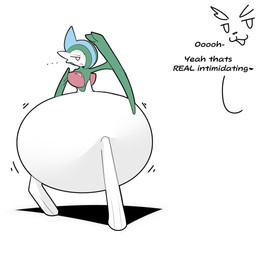 ambiguous_gender bed butt dialogue duo furniture hair hair_over_eye hyper hyper_pear lying monobutt offscreen_character on_back on_bed pose pseudo_hair pseudo_hair_over_eye sassy smug smug_face solo_focus standing talking_to_another teasing text chocomintshake nintendo pokemon gallade generation_4_pokemon humanoid lopunny pokemon_(species) shiny_pokemon 1:1 2025 english_text