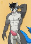 abs animal_genitalia animal_penis anthro balls biceps black_hair blue_tail canine_genitalia canine_penis ear_piercing ear_ring erect_nipples erection flexing flexing_bicep fur genitals grey_body grey_fur hair inner_ear_fluff knot looking_at_viewer male muscular muscular_anthro muscular_male navel neck_tuft nipples nude one_eye_closed pecs penis piercing pose ring_piercing solo tail tongue tongue_out tongue_piercing tuft wink winking_at_viewer elafi canid canine canis hybrid mammal wolf wolfdog absurd_res hi_res pinup