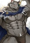 abs anthro bulge cape clothing fangs looking_at_viewer male muscular muscular_anthro muscular_male nipples overly_muscular pecs scar solo teeth underwear chung0_0 elden_ring fromsoftware blaidd_(elden_ring) canid canine canis mammal wolf hi_res