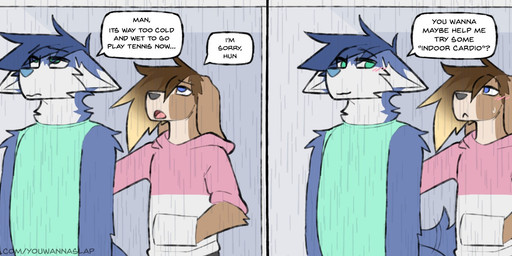 anthro anthro_on_anthro black_nose blonde_hair blue_body blue_eyes blue_fur blue_hair blue_nose bodily_fluids brown_body brown_fur brown_hair clothing dialogue duo eye_contact floppy_ears fur green_clothing green_eyes green_shirt green_tank_top green_topwear grey_body grey_fur grey_inner_ear hair hair_over_eyes hand_in_pocket hoodie imminent_sex innuendo larger_male looking_at_another looking_up male male/male pink_clothing pink_hoodie pink_topwear pockets raining shirt size_difference smaller_male standing sweat sweatdrop tail tail_motion tailwag tan_body tan_fur tank_top topwear white_clothing white_hoodie white_topwear youwannaslap sky_(youwannaslap) voki_(youwannaslap) canid canine canis domestic_dog mammal 2020 hi_res