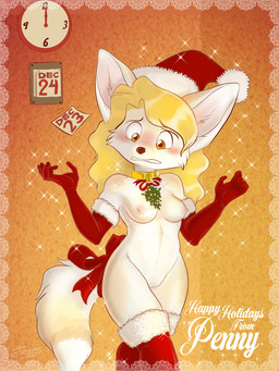 anthro bell black_nose blonde_hair blush breasts brown_eyes calendar clock clothing collar embarrassed eyebrows female fur genitals gloves hair handwear holidays kissing_bough legwear long_hair mistletoe multicolored_body multicolored_fur nipples pink_nipples plant ribbons solo stockings tan_body tan_fur two_tone_body two_tone_fur vulva white_body white_fur conditional_dnp jonas team_penny christmas naked_penny penny_fenmore canid canine fennec_fox fox mammal true_fox 3:4 digital_media_(artwork) hi_res