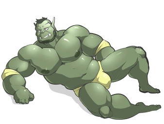 beard briefs bulge clothed clothing facial_hair green_body green_skin male nipples not_furry simple_background slightly_chubby solo topless underwear white_background maldu humanoid orc hi_res