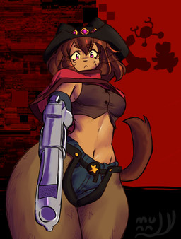anthro black_clothing black_hat black_headwear black_nose black_shirt black_topwear blue_bottomwear blue_clothing blue_jeans blue_pants bottomwear breasts brown_body brown_bottomwear brown_clothing brown_fur brown_hair brown_pants chaps cloak clothing denim denim_bottomwear denim_clothing female front_view frown fur gloves gun gun_arm hair handgun handwear hat headgear headwear holding_gun holding_object holding_ranged_weapon holding_weapon jeans looking_down medium_breasts midriff pants purple_eyes ranged_weapon red_cloak red_clothing revolver scar shirt solo tan_body tan_fur thick_thighs topwear weapon weapon_arm whiskers wide_hips yellow_sclera mamamunny gameoverse glitch_productions red_dead_(series) rockstar_games flappers_(gameoverse) gobbles_(gameoverse) kaboodle_(gameoverse) kit_bodega domestic_cat felid feline felis mammal 2026 hi_res