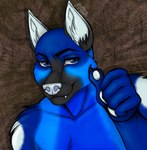 anthro blue_body blue_eyes blue_fur clothing fur gesture hand_gesture headgear headwear male male_anthro solo thumbs_up thehuntingwolf canid canine canis domestic_dog german_shepherd herding_dog mammal pastoral_dog absurd_res bust_portrait hi_res icon portrait