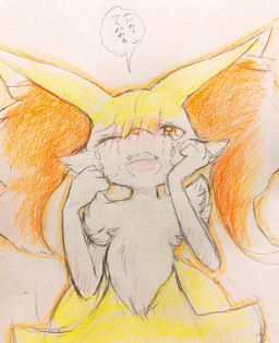 ambiguous_anthro ambiguous_gender anthro big_tail biped blush bodily_fluids crying cute_fangs fangs front_view looking_at_viewer one_eye_closed open_mouth simple_background solo speech_bubble standing tail tears teeth text tongue wiping_tears eiroru nintendo pokemon braixen canid generation_6_pokemon mammal pokemon_(species) 2018 colored_pencil_(artwork) colored_sketch graphite_(artwork) half-length_portrait hi_res japanese_description japanese_text portrait sketch traditional_media_(artwork) translated translated_description