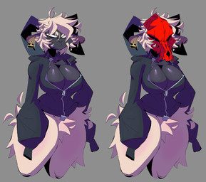 angry anthro big_breasts black_body bone bone_mask bottomless breasts cleavage clothed clothing crotch_tuft ear_piercing ear_tag female frown fur hair hoodie horn mask mouth_closed multicolored_body no_pupils piercing skull skull_mask sleeves_past_wrists small_waist solo standing thick_thighs topwear tuft two_tone_body white_body white_eyes white_hair wide_hips zipper xexeezy ines_(xexeezy) bovid caprine mammal sheep hi_res