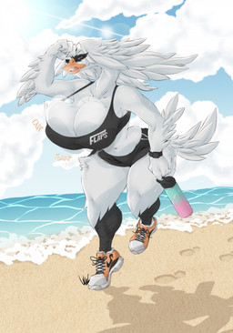 anthro athletic_wear beach big_breasts black_body black_scales bottomwear bouncing_breasts breasts cleavage clothed clothing facial_markings feather_hair feathered_wings feathers female footwear gym_bottomwear gym_shorts half-closed_eyes head_markings huge_breasts jogging markings mask_(marking) narrowed_eyes navel non-mammal_breasts non-mammal_navel pseudo_hair running scales shirt shoes shorts sneakers solo tank_top thick_thighs topwear white_body white_feathers wide_hips winged_arms wings dullvivid anatid anseriform anserine avian bird swan hi_res