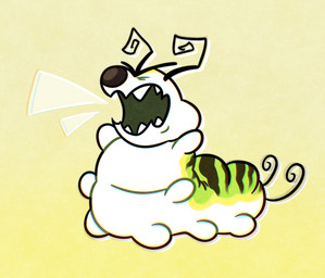 2_antennae 2_tails 4_arms 6_legs ambiguous_feral ambiguous_gender angry antennae_(anatomy) black_antennae black_markings black_tail brown_nose eyebrows eyeless featureless_feet featureless_hands feet feral gradient_background green_markings markings multi_arm multi_limb multi_tail open_mouth simple_background solo standing striped_markings stripes tail three-quarter_view white_body yellow_background young young_ambiguous young_feral m11quda disney hoppers_(disney) pixar titus_(hoppers) arthropod caterpillar insect larva 2026 digital_drawing_(artwork) digital_media_(artwork) flat_colors hi_res