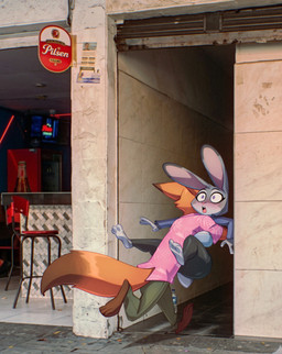3_toes 4_fingers anthro barefoot carrying_another clothed clothed_anthro clothed_female clothed_male clothing duo eyelashes feet female fingers fur grey_body grey_fur male orange_body orange_fur photo_background pink_clothing pink_shirt pink_topwear scut_tail shirt short_tail tail toes topwear wide_eyed bigdad a_chance_encounter disney zootopia judy_hopps nick_wilde canid canine fox lagomorph leporid mammal rabbit 2026 meme mixed_media photography_(artwork)