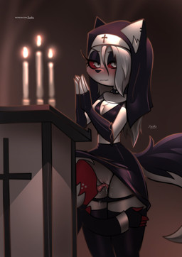 anthro biped blush breasts cleavage clothed clothing cunnilingus detailed_background duo eyebrows eyelashes female fingers fur hair looking_at_viewer male male/female oral pupils sex standing tail vaginal jizoku hellaverse helluva_boss mythology loona_(helluva_boss) moxxie_(helluva_boss) canid canid_demon canine demon hellhound imp mammal mythological_canine mythological_creature absurd_res hi_res