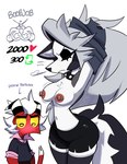 anthro areola big_breasts black_bottomwear black_clothing black_eyeshadow black_nose black_shorts blue_clothing blue_topwear blush blush_lines bottomwear breasts cheek_tuft clothed clothing collar dialogue duo eyelashes eyes_closed eyeshadow facial_tuft female grey_clothing grey_hair grey_legwear grey_thigh_highs hair horn legwear long_hair makeup male navel nipple_piercing nipples piercing pink_areola pink_nipples raised_clothing raised_topwear shorts simple_background spiked_collar spikes strip_game tail text thick_thighs thigh_highs topwear tuft undressing white_background wide_hips monamania helluva_boss mythology loona_(helluva_boss) canid canid_demon canine demon hellhound horned_humanoid humanoid imp mammal mythological_canine mythological_creature tailed_humanoid absurd_res hi_res