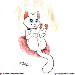 3_toes blue_eyes butt collar feet female feral foot_fetish fur leg_grab legs_in_air legs_up looking_at_viewer lying on_back patreon_logo patreon_username pawpads paws pink_nose pink_pawpads presenting presenting_hindquarters smile smiling_at_viewer solo text toes white_body white_fur yordraw patreon pussycat_tiger domestic_cat felid feline felis mammal 1:1 hi_res traditional_media_(artwork) url