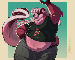 anthro belly belly_overhang belt big_belly blue_pawpads bottomwear brown_claws brown_eyebrows brown_eyes claws clothed clothing ear_piercing eyebrows fur green_tongue hair inner_ear_fluff male moobs obese obese_anthro obese_male open_mouth overweight overweight_anthro overweight_male pants pawpads piercing pink_body pink_fur pink_hair pink_inner_ear_fluff purple_nose sharp_teeth shirt solo tail teeth tongue topwear tuft mochi_cream38 mammal mephitid skunk 5:4 hi_res shaded