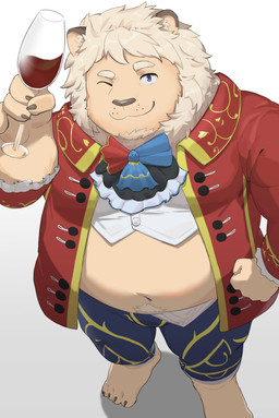 alcohol anthro barefoot belly beverage container cravat cup drinking_glass feet fur glass glass_container glass_cup male mane navel one_eye_closed overweight solo white_body white_fur wine wine_glass wink ateeesta_92 xxl_woofia leo_von_narcis felid lion mammal pantherine absurd_res hi_res