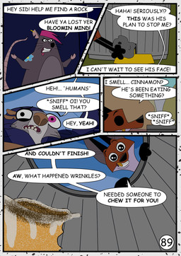 brown_body brown_fur cinnamon_bun dialogue female feral food fur gold_(metal) gold_tooth group holding_rock leg_markings male markings pastry socks_(marking) text toony trio redundantmodule 101_dalmatian_street 101_dalmatians disney big_fee_(101_dalmatians) fergus_(101_dalmatians) sid_(101_dalmatians) canid canine fox mammal murid murine rat red_fox rodent sciurid tree_squirrel true_fox comic english_text hi_res