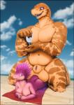 2019 animal_genitalia anthro areola balls beach big_balls big_lizard_guy_(vader-san) breasts casual_nudity day detailed_background digital_media_(artwork) dinosaur dromaeosaurid duo female fully_sheathed genitals hi_res kneeling larger_male lizard lying male nipples non-mammal_balls non-mammal_breasts non-mammal_nipples nude on_front on_towel open_mouth outside penis prehistoric_species purple_eyes reptile sand scalie seaside sheath size_difference sky smaller_female smile text theropod towel url vader-san