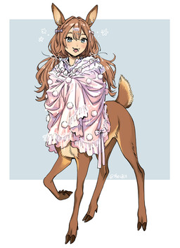 animal_ears belly blush bow_ribbon brown_body brown_fur brown_hair clothed clothed_female clothed_taur clothing cloven_hooves countershade_belly countershade_fur countershading fangs female fur hair hooves light_body light_skin long_hair open_mouth quadruped solo tail teeth tsulala deer deer_taur humanoid_taur mammal mammal_taur taur water_deer water_deer_taur hi_res signature