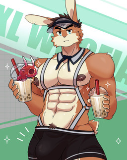abs anthro beverage bottomwear bubble_tea bulge clothed clothing food harness hat headgear headwear male muscular muscular_anthro muscular_male nipples pecs shorts skimpy solo visor_cap fluffyelfin xxl_woofia fogue_(xxl_woofia) food_creature lagomorph leporid mammal rabbit hi_res