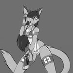 accessory anthro armband bikini breasts clothed clothing collar female garter gun hair handgun holding_object medical pistol ranged_weapon red_cross simple_background solo string_bikini swimwear translucent translucent_clothing two-piece_swimsuit underwear weapon remarkably_average dreamkeepers lilith_calah domestic_cat felid feline felis mammal 1:1 digital_media_(artwork) hi_res monochrome