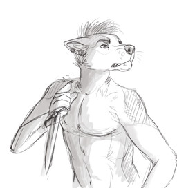 abs angry anthro dagger male melee_weapon nude piercing snarling solo teeth weapon tar0 canid canine canis domestic_dog mammal 2014 shaded sketch
