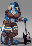 abs accessory anthro armor armwear bard belt big_breasts blue_body blue_scales bottomwear breasts brown_armwear brown_bottomwear brown_clothing brown_legwear brown_shorts brown_topwear cleavage clothed clothing digitigrade dreadlocks electric_guitar female flask furgonomics grey_background guitar huge_breasts leather leather_armor legwear looking_at_viewer musical_instrument navel plucked_string_instrument scales shorts simple_background solo string_instrument tail tail_accessory tail_belt thick_thighs topwear white_body white_scales wide_hips yellow_eyes saltbutt1 dungeons_and_dragons hasbro jackson_guitars warrior_(jackson_guitars) wizards_of_the_coast scalie absurd_res hi_res