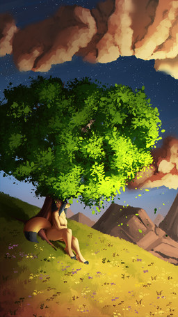 against_natural_surface against_surface against_tree anthro biped black_body black_fur black_hair black_nose blue_eyes breast_rest breasts casual_nudity cloud detailed_background dipstick_tail dutch_angle featureless_breasts feet female fingerless_(marking) fur grass hair landscape markings mountain nude plant sitting sky solo tail tail_markings toeless_(marking) tree wind yellow_body yellow_fur feretta tale_of_tails fenavi_montaro canid canine fennec_fox fox mammal true_fox 9:16 absurd_res digital_media_(artwork) hi_res herm_(lore)