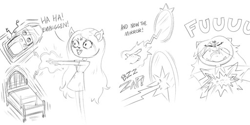 accident anthro bed electronics fangs female furniture magic_user mirror solo teeth television young young_anthro young_female drawfug_01 cartoon_hangover the_summoning claire_(the_summoning) domestic_cat felid feline felis mammal 2026 absurd_res hi_res monochrome sketch