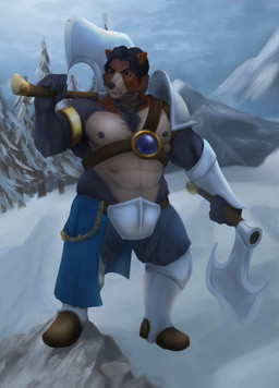 anthro axe battle_axe berserker male mountain outside solo steel warrior winter dansats bear mammal absurd_res hi_res