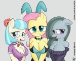 anthro anthrofied big_breasts blue_eyes blush breasts bunny_costume cleavage clothed clothing costume female group lingerie looking_at_viewer open_mouth purple_eyes teddy_(clothing) an-tonio wodahseht friendship_is_magic hasbro my_little_pony coco_pommel_(mlp) fluttershy_(mlp) marble_pie_(mlp) earth_pony equid equine horse mammal pony 2016 5:4 absurd_res hi_res