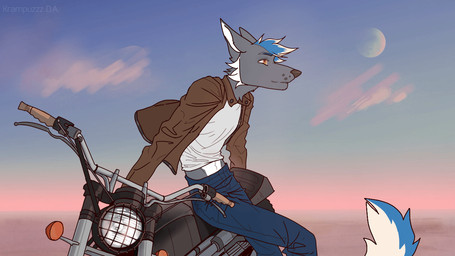 anthro bottomwear clothing denim denim_bottomwear denim_clothing jacket jeans leather leather_clothing leather_jacket leather_topwear male motorcycle pants relaxing solo sunset topwear vehicle wind krampuzzz krampuzzzda canid canine canis mammal wolf animated full-length_portrait portrait