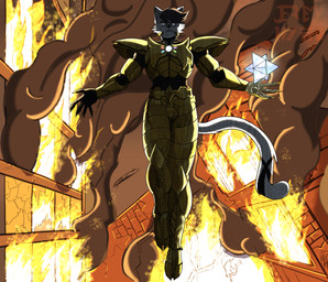 anthro armor armored_boots aura black_clothing black_hair burned city city_background city_destruction clothed clothing cosmic_eyes destruction evil_face evil_look fire flying fur gauntlets gloves gold_(metal) gold_armor hair handwear infinity_stone male purple_eyes ruined_city smoke solo supervillain villainous white_body white_fur jeremy_dytto arziro domestic_cat felid feline felis mammal absurd_res hi_res huge_filesize superabsurd_res