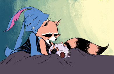anthro bed duo eyes_closed furniture hug male male/male sad tash0 guardians_of_the_galaxy marvel blackjack_o'hare rocket_raccoon hare lagomorph leporid mammal procyonid rabbit raccoon hi_res