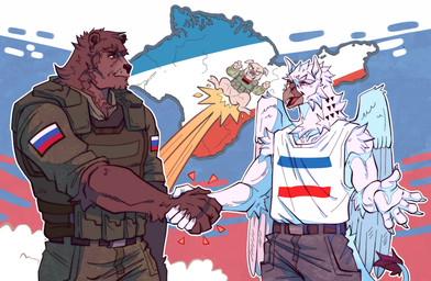 angry anthro anthrofied arm_tuft armor beak belt body_armor bottomless bottomwear bulletproof_vest butt butt_from_the_front butt_on_fire camo celebration cheek_tuft claws clothed clothing coat_of_arms coat_of_arms_of_crimea crimea crimean_flag elbow_tuft emanata eye_contact facial_tuft feathered_wings feathers featureless_crotch finger_claws fire flag flag_background flying fur gesture grey_finger_claws group handshake happy joyful looking_at_another male markings misleading_thumbnail muscular muscular_male neck_markings neck_tuft no_irises orange_eyes pants patch_(fabric) pointy_ears politics propaganda propaganda_poster red_eyes russian russian_federation russian_flag shirt shoulder_tuft t-shirt tail tail_tuft three-quarter_view topwear topwear_only trio tuft ukrainian_insurgent_army ukrainian_insurgent_army_flag unsigned white_body white_clothing white_feathers white_fur white_sclera white_shirt white_t-shirt white_topwear wings yellow_eyes gala_bobs mythology russo-ukrainian_war crimean_griffin_(gala_bobs) misha_(gala_bobs) ukrainian_insurgent_army_pig_(gala_bobs) avian bear domestic_pig gryphon mammal mythological_avian mythological_creature suid suine sus_(pig) 2023 cel_shading digital_media_(artwork) half-length_portrait hi_res paint_tool_sai_(artwork) portrait russian_description shaded translated_description