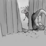 anthro blush claws clothed clothing female genitals horn looking_back no_underwear pussy solo stuck tail text through_wall upskirt meandraco mythology dragon mythological_creature mythological_scalie scalie 1:1 black_and_white english_text hi_res monochrome sketch