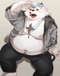 anthro belly bottomwear cherry clothing eating food fruit fur grey_body grey_fur hoodie kemono male moobs navel nipples overweight overweight_anthro overweight_male pants plant sitting solo topwear uvula white_body white_fur nikiciy valkia_(nikiciy) canid canine canis mammal vampire wolf 2021 hi_res